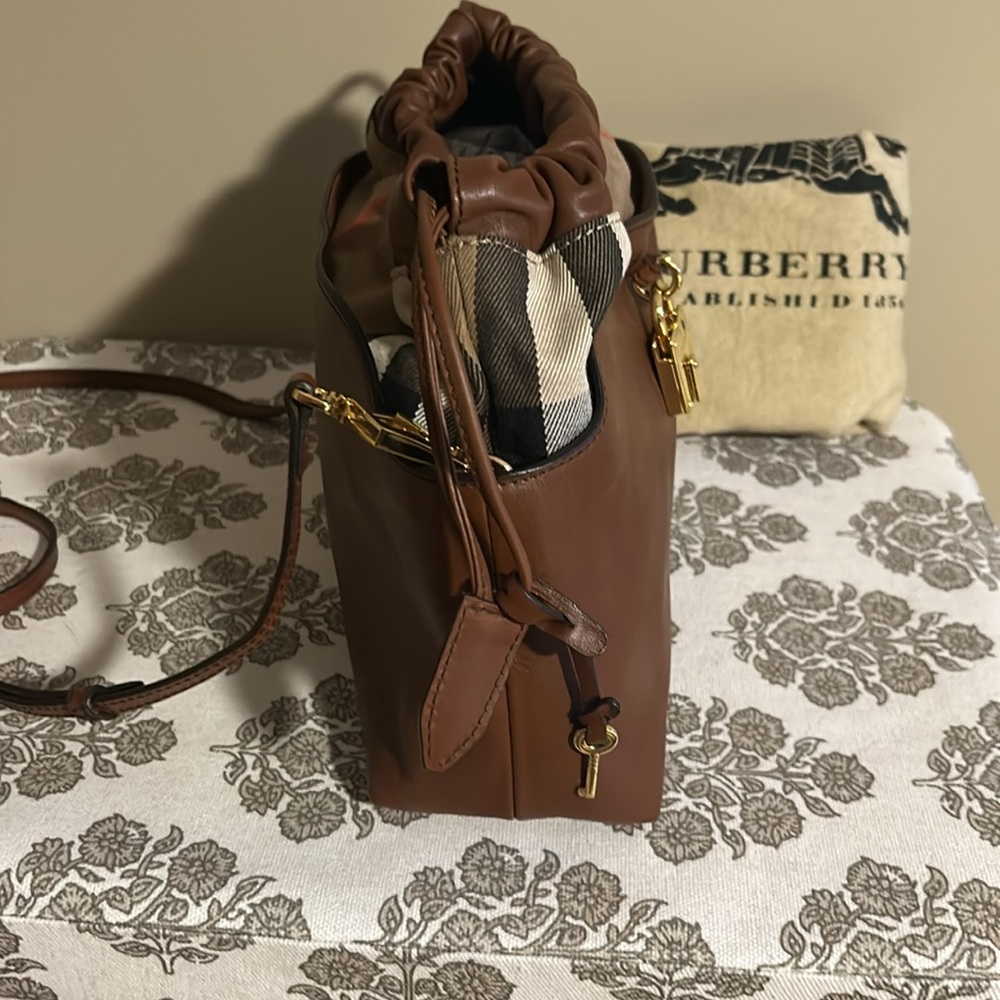 Burberry Brown Leather Drawstring Crossbody with Check Trim - Picture 4 of 16